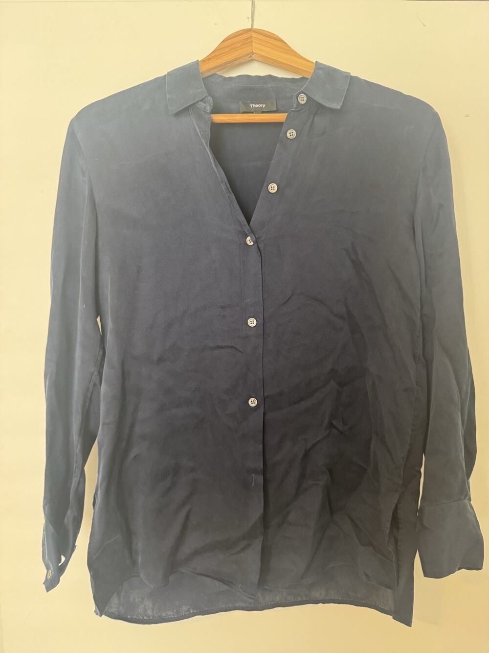 Theory Women's Smooth Cupro Button-Up Shirt Navy Blue Long Sleeve Regular Size S